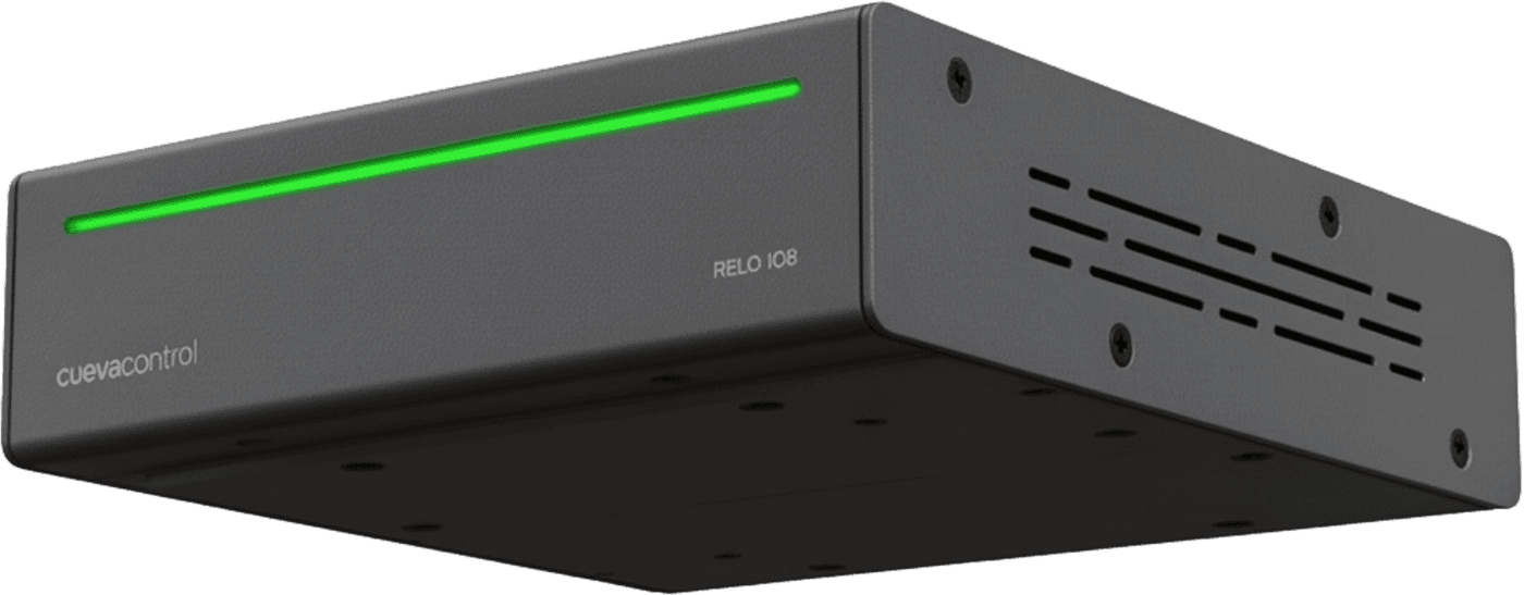 The Cueva Control RELO IO8 controller, three-quarter view showing the front face and the vented side