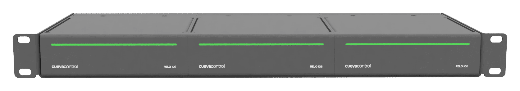 The Cueva Control RM99 rack mount holding three RELO IO8 controllers in 1U