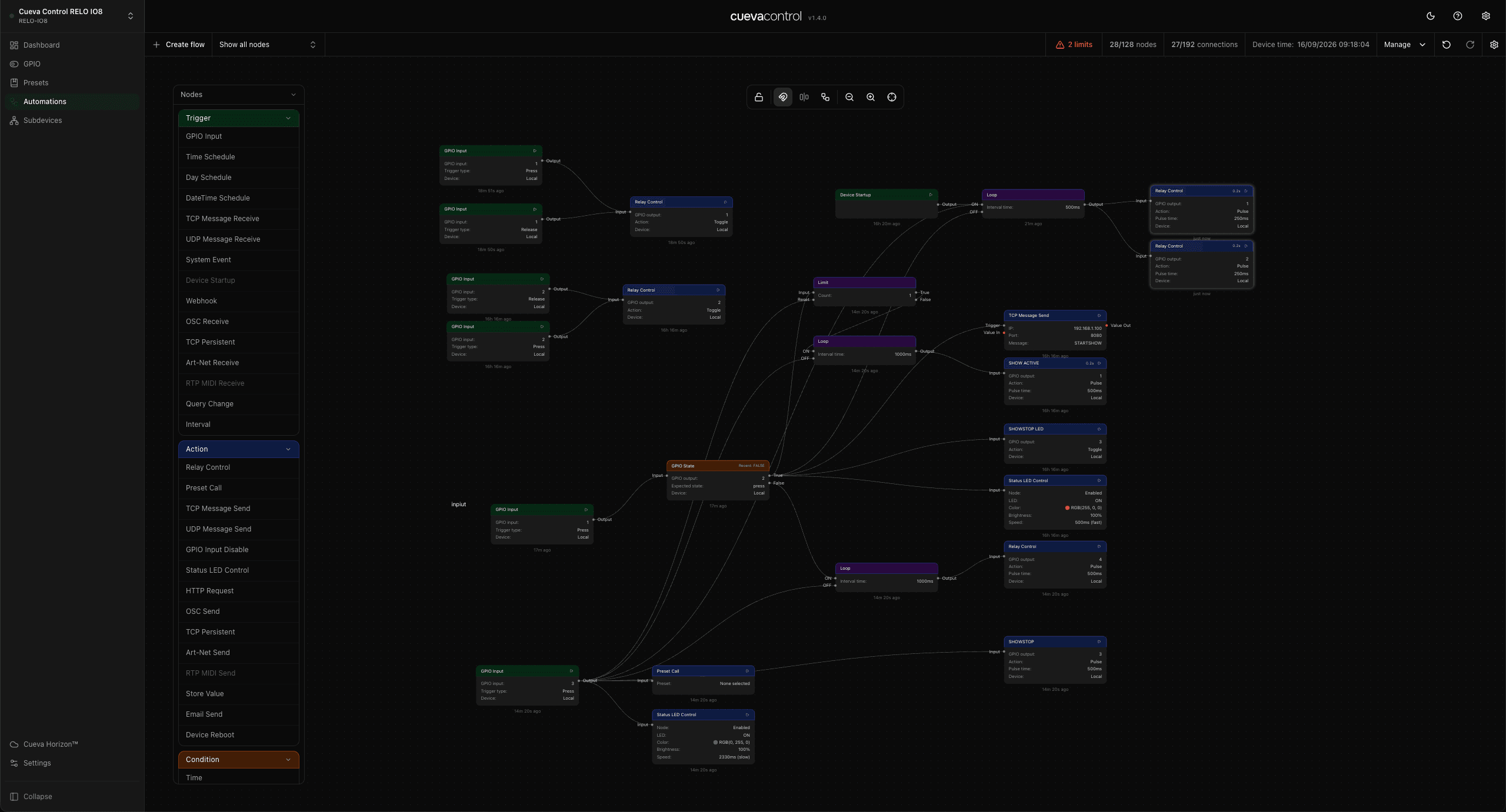 Cueva Desktop automations page with the node palette on the left and a flow on the canvas wiring GPIO inputs through a condition into relay, status LED and TCP actions