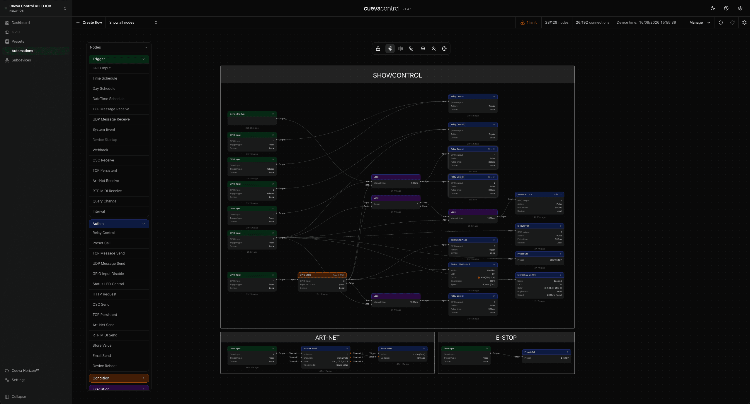 The Cueva Desktop automations canvas holding three named flows, SHOWCONTROL, ART-NET and E-STOP, wired from GPIO inputs through Loop, Limit and GPIO State nodes into relay, Art-Net and preset actions, with the node palette open down the left