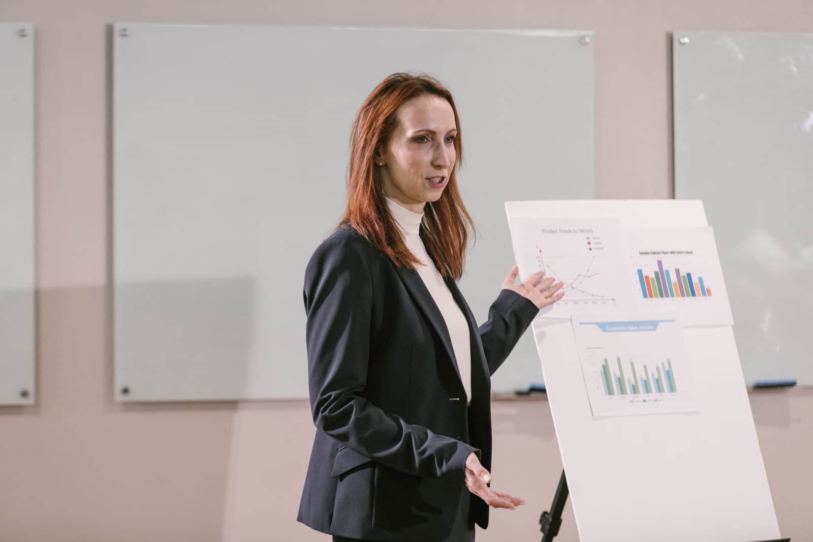 Live PTZ camera feed of a presenter at a flip chart, shown on a Cueva touch panel