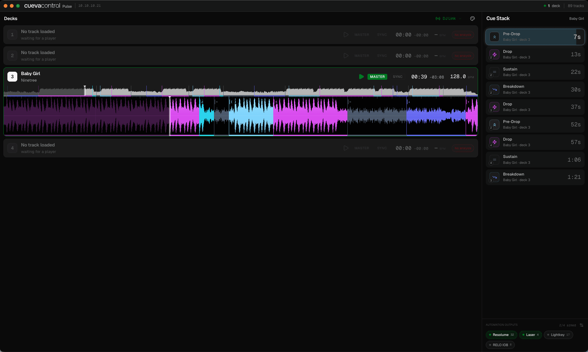 Waveform in Cueva Pulse with detected build, drop and breakdown sections marked in colour