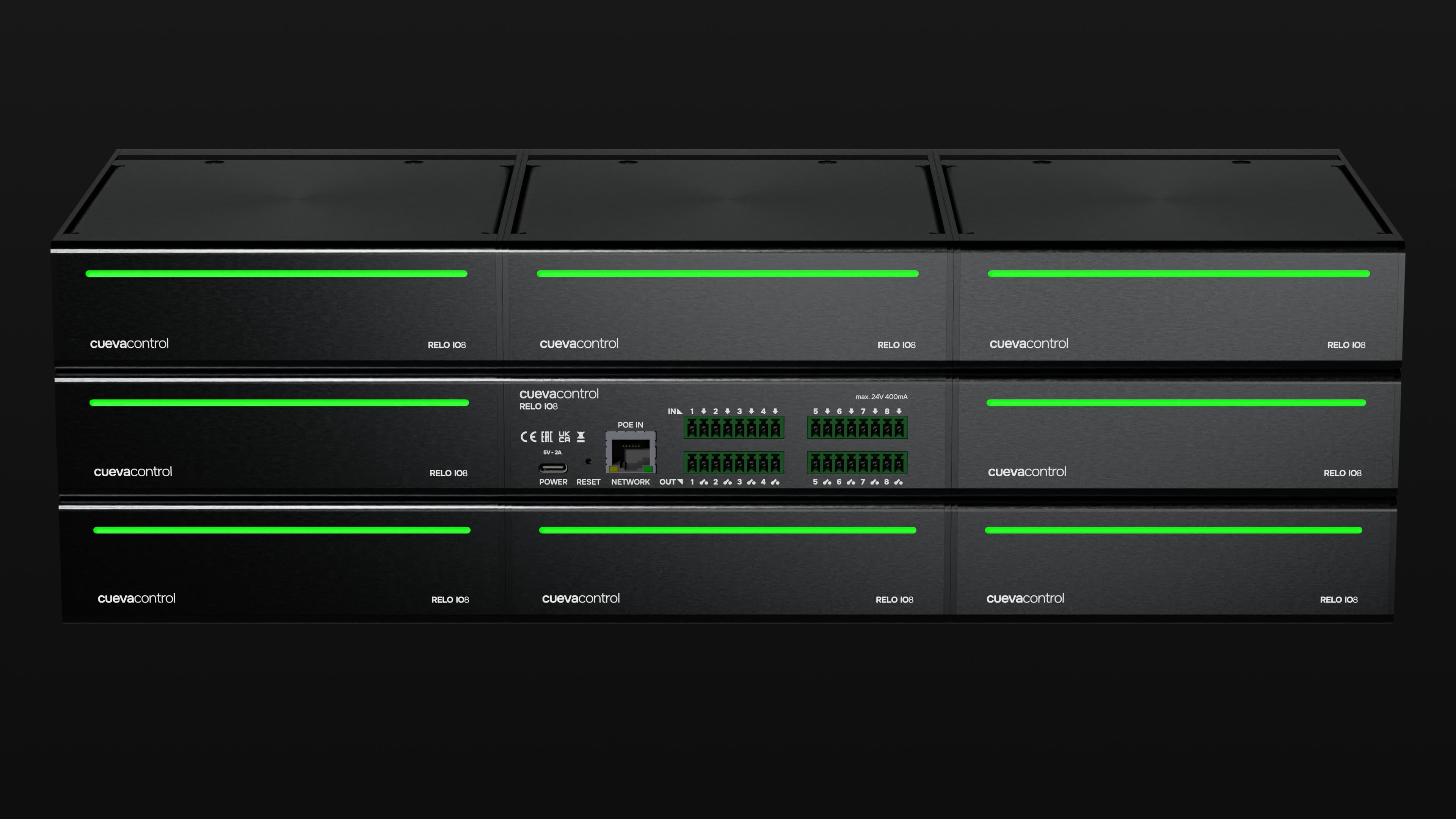 Nine Cueva Control RELO IO8 units deployed in a rack