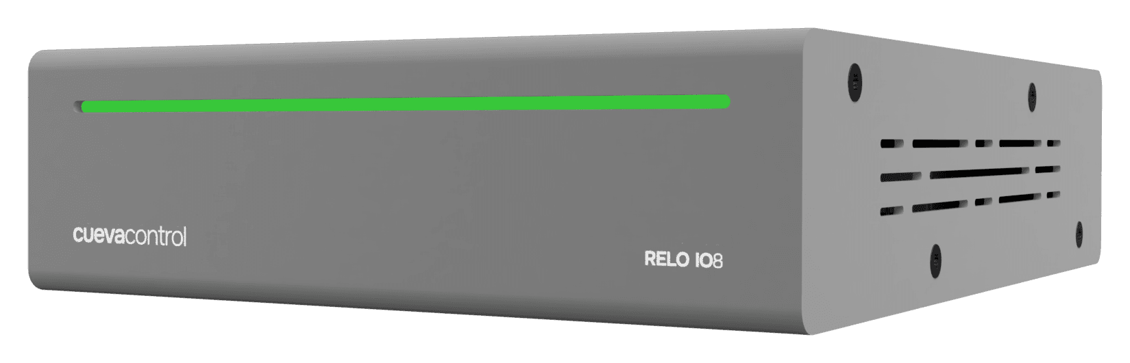 The Cueva Control RELO IO8 controller, three-quarter view showing the front face and the vented side
