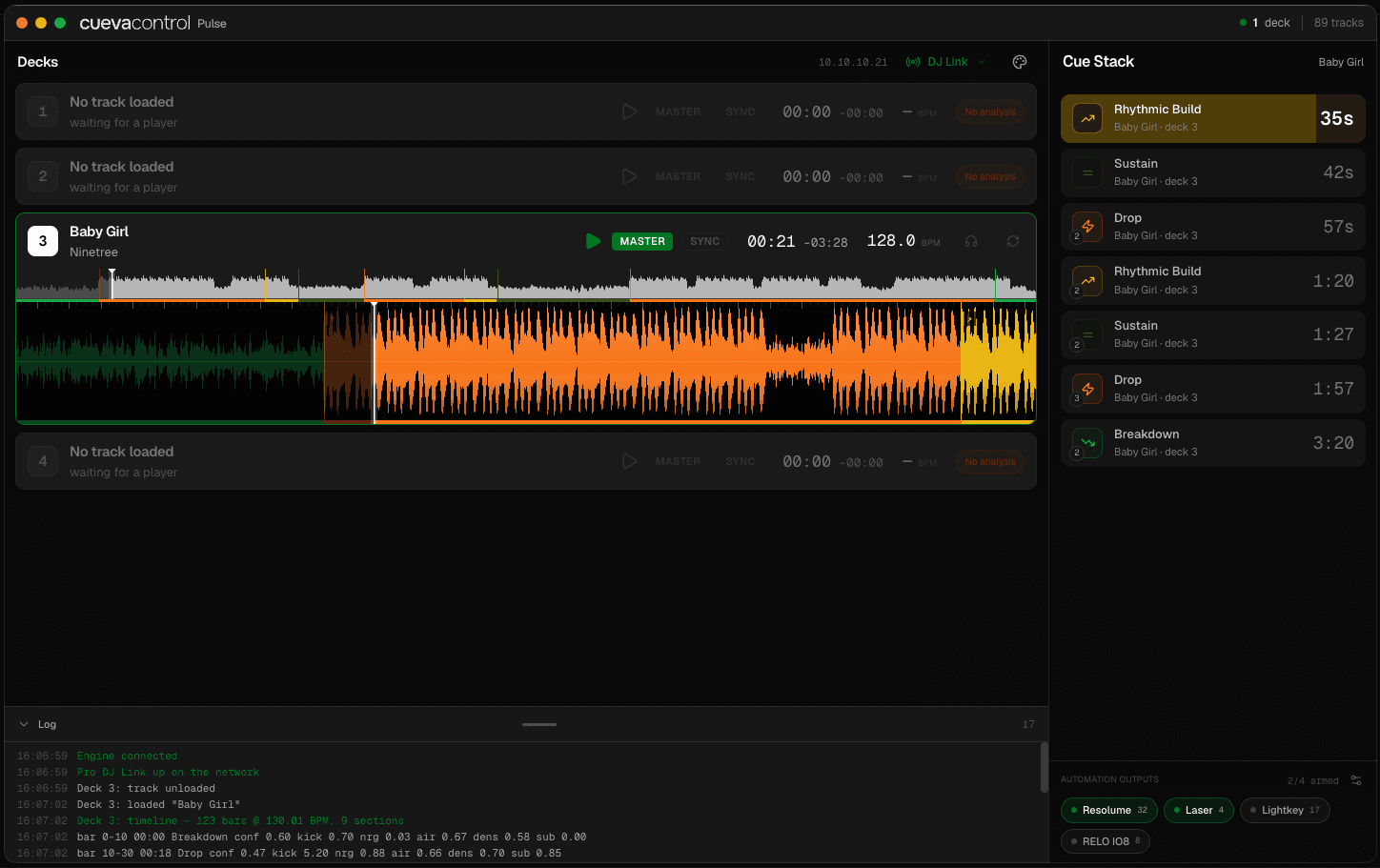 Cueva Pulse cue stack counting down 35 seconds to a rhythmic build, then a sustain, drop and breakdown on deck 3