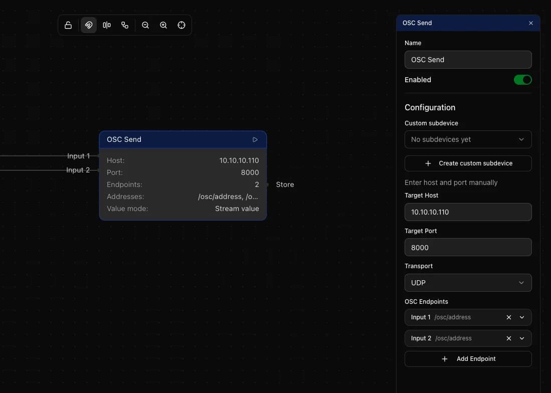 OSC Send node configuration showing target host, port, UDP transport and two OSC endpoint addresses in stream mode