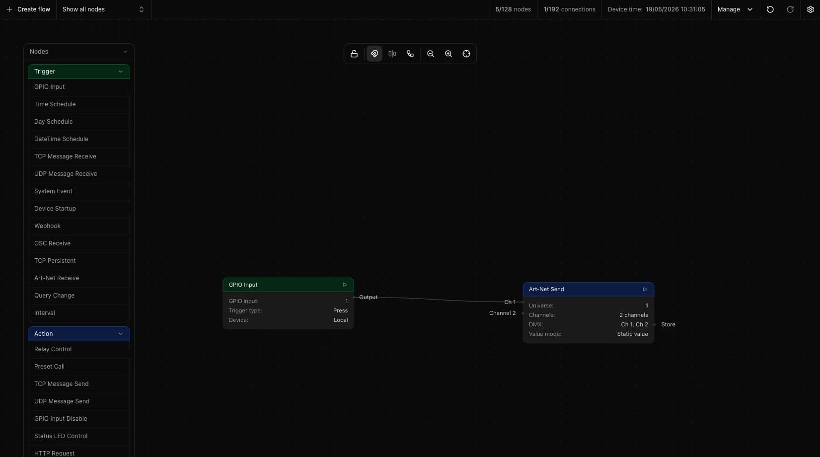 GPIO input trigger connected to an Art-Net send node in Cueva Desktop