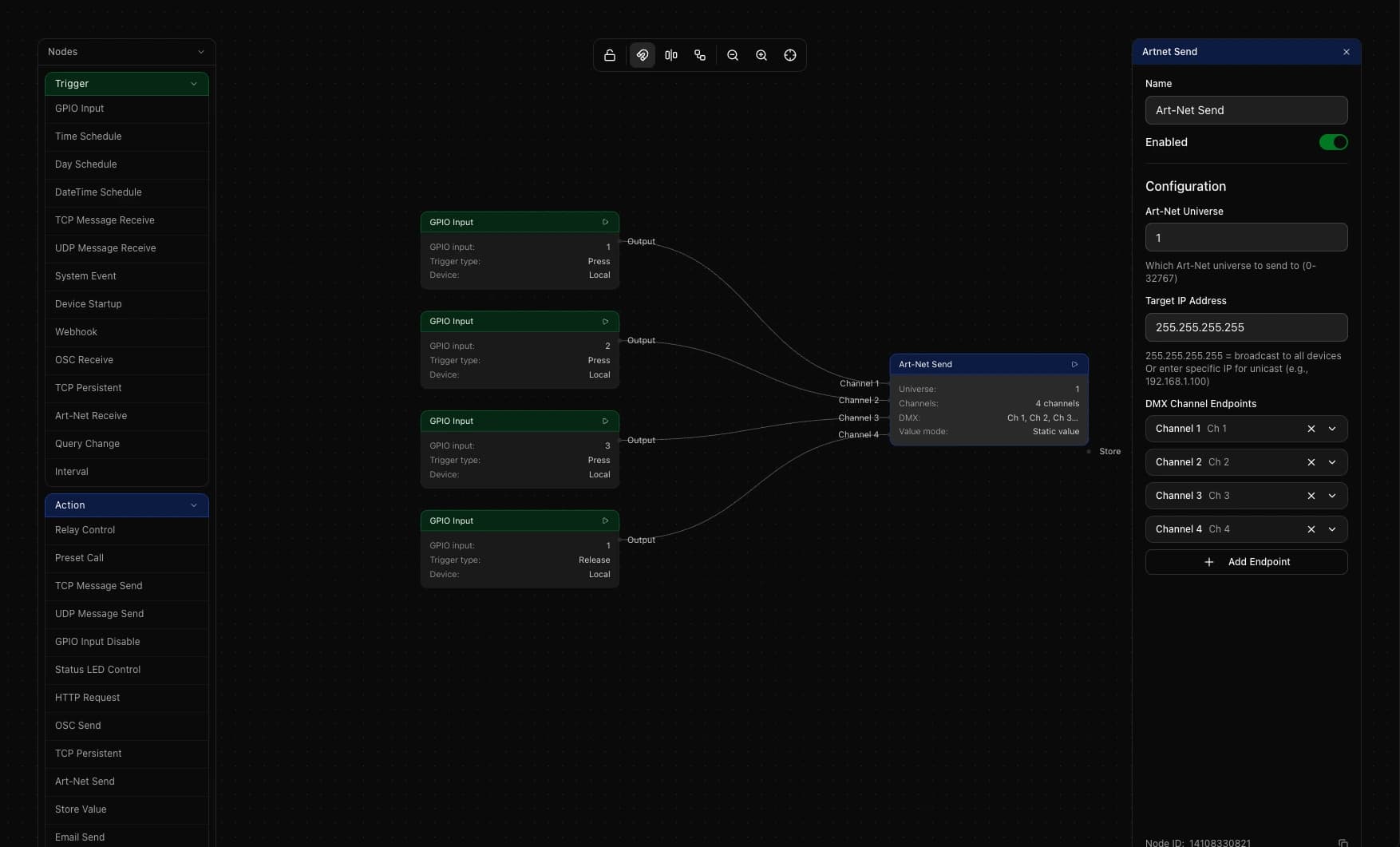 Four GPIO input triggers each connected to an Art-Net send node in Cueva Desktop