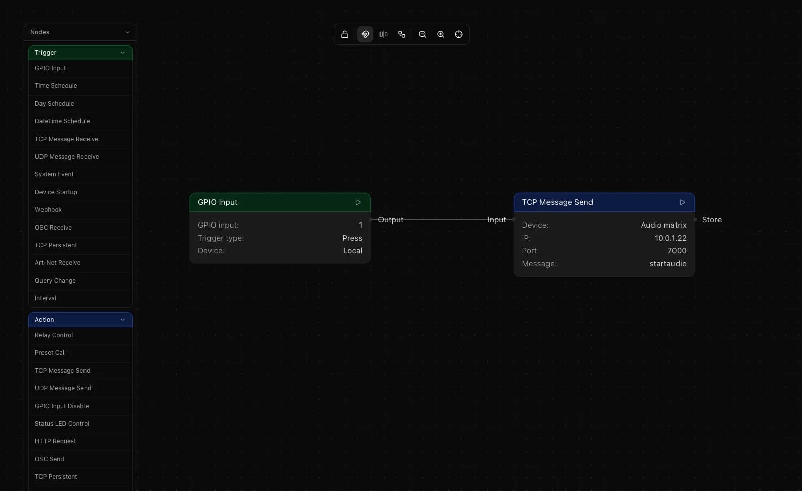 GPIO Input node wired to TCP Message Send node in the flow editor