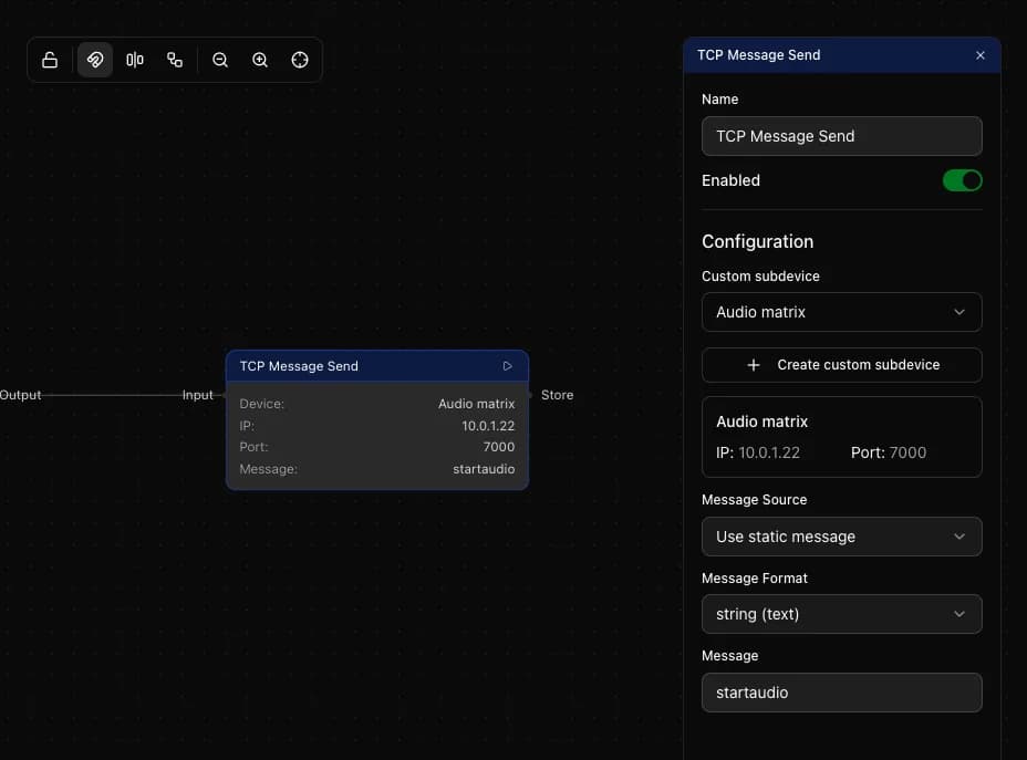 TCP Message Send configuration panel showing custom subdevice, IP, port and message fields