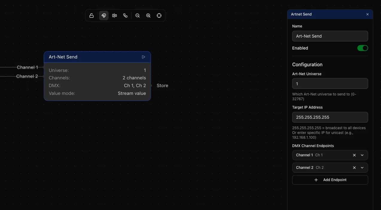 Art-Net Send node configuration showing universe, broadcast IP and two DMX channel endpoints in stream mode