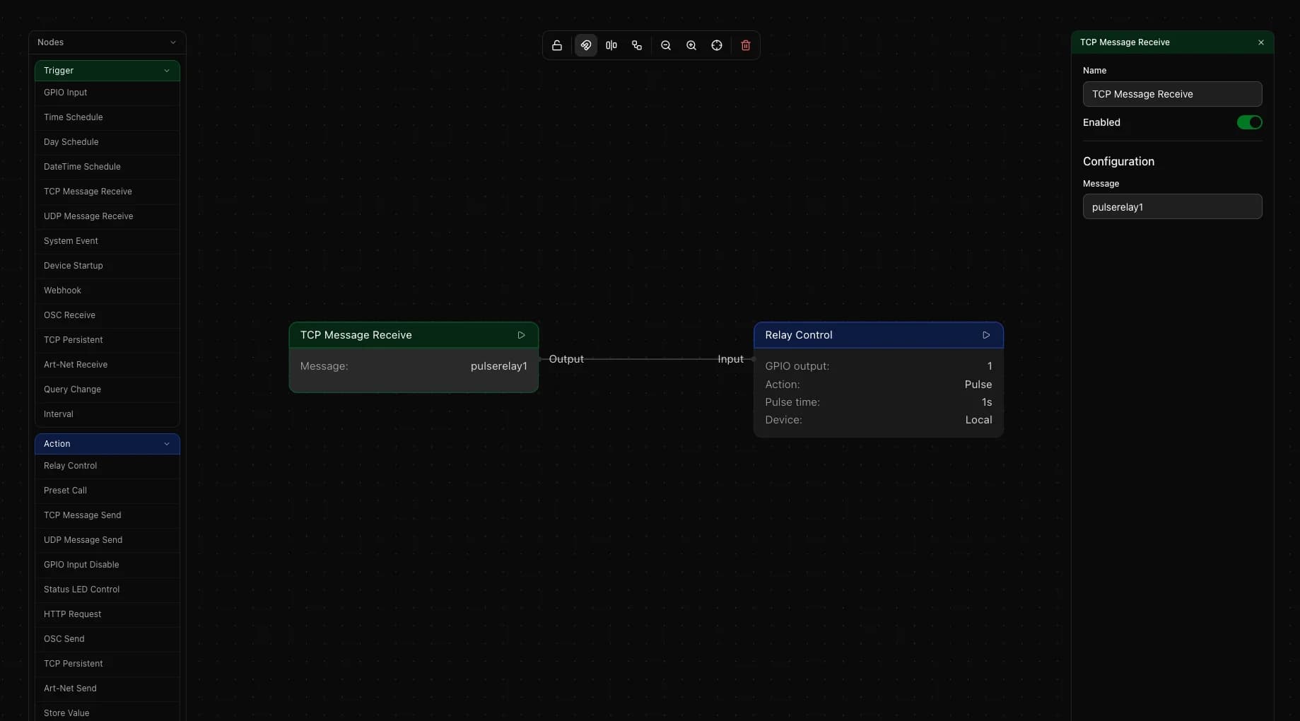 TCP Message Receive node wired to Relay Control node, with the TCP receive config panel open showing a match string