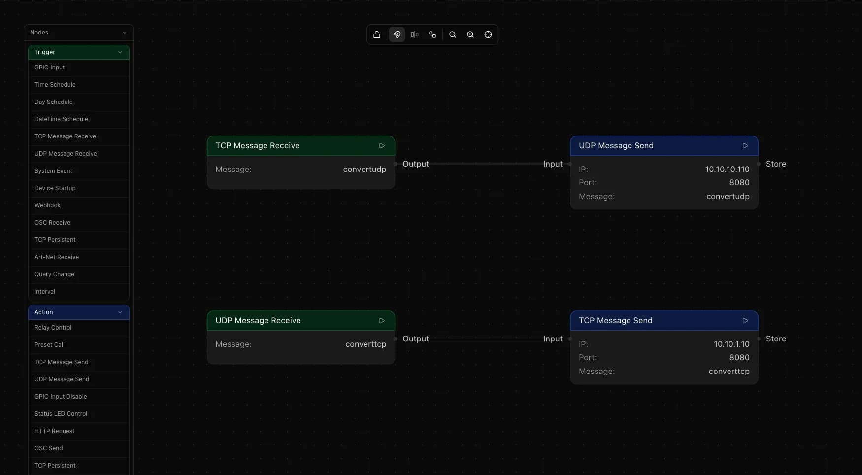 Both bridge flows in the editor: TCP to UDP on top, UDP to TCP below